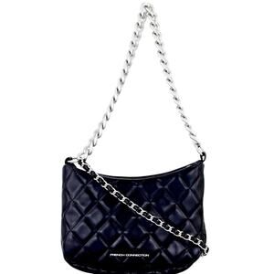 French Connection Quilted Top Handle Crossbody Bag Black Silver Chain Rock Star